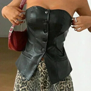 Women's Pu Cropped Tank Top With Single Button